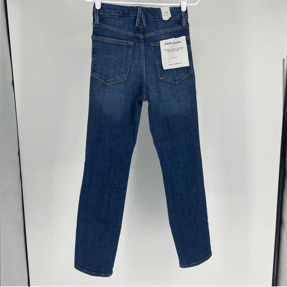 GOOD AMERICAN NWT GOOD CLASSIC 28” INSEAM RIPPED JEANS 0/25 HIGH RISE IN BLUE - Picture 5 of 14